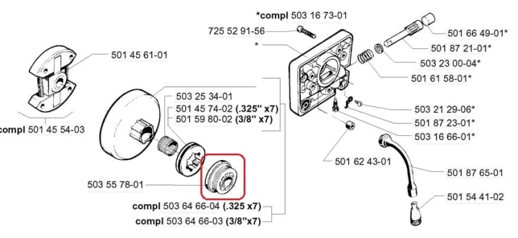 Ślimak pompy oleju do pilarki Husqvarna 254, 257, widoczny w zbliżeniu, w kolorze szaro-srebrnym, o okrągłym kształcie i z rowkami. Element znajduje się na białym tle. Zawiera oznaczenia części, bez widocznych napisów i logo.