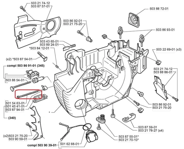 Metalowa śruba napinacza łańcucha do pilarek Husqvarna 51/340/345, cylindryczna, dł. ok. 8 cm, z gwintowaną częścią, na białym tle, widok z boku.