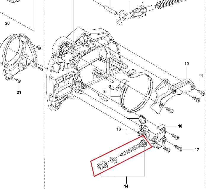 Śruba napinacza łańcucha do pilarki McCulloch CS380, metalowa, cylindryczna z mocującą końcówką, widoczna na ilustracyjnym, technicznym tle.