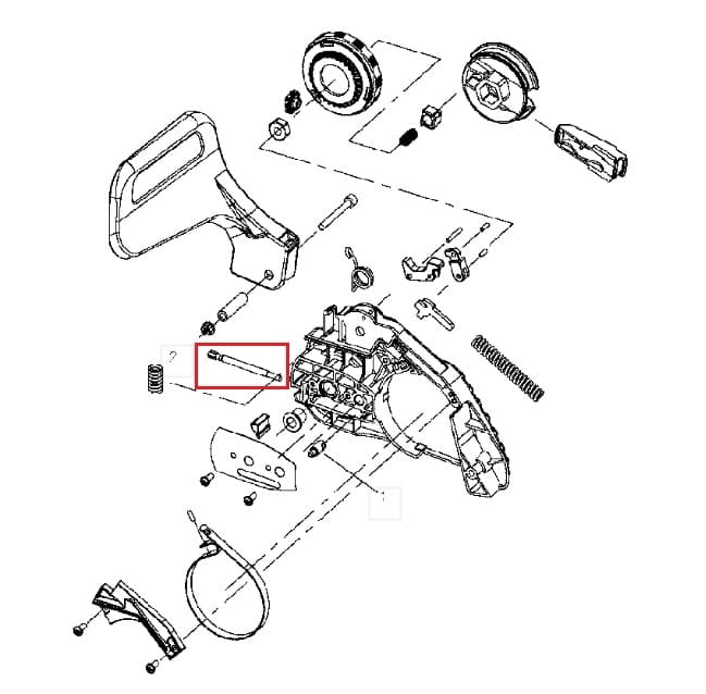 Śruba napinacza łańcucha pilarki Partner P360 S, metalowy cylindryczny element o matowej powierzchni, widoczna z boku wśród innych części. Kluczowa do regulacji napięcia łańcucha.