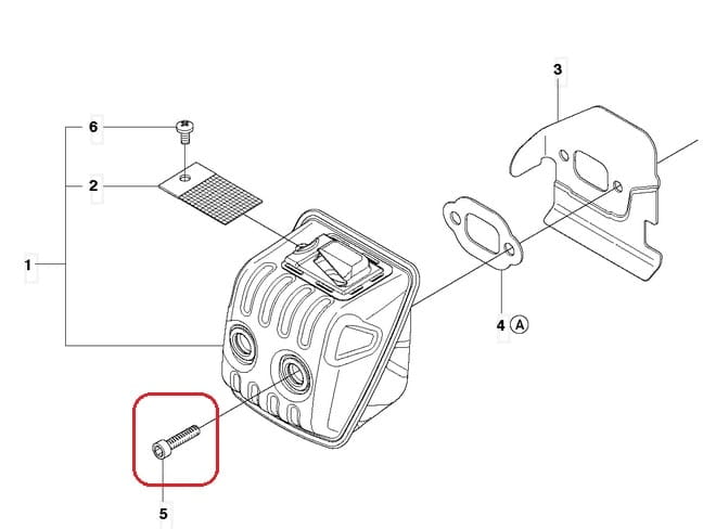 Śruba tłumika do pilarek Husqvarna 357XP, 450, metalowa, w kolorze srebrnym, z gwintem, z bliskim ujęciem na detale i widocznymi rowkami na powierzchni. Widok z boku, obok części tłumika, na jednolitym tle.