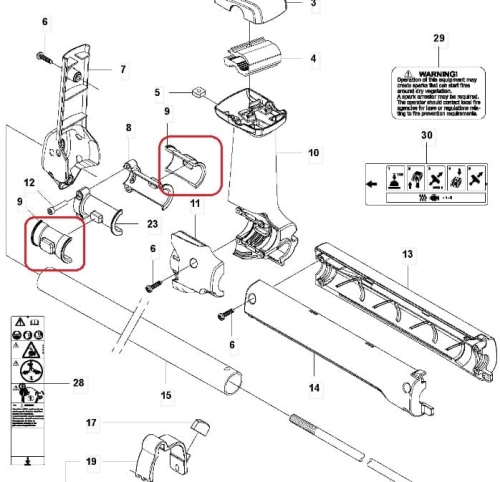 Amortyzator kosy Husqvarna 525RXT, metalowy, cylindryczny, z jednym otworem, montowany do akcesoriów kosy. Mocowanie poziome na schemacie, białe tło z oznaczeniami.