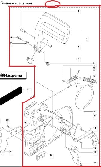 Zespół hamulca i osłony sprzęgła Husqvarna 61, 268, 272XP; rysunek frontalny; metalowe elementy czarne i szare; widoczne mocowania i logo Husqvarna w lewym dolnym rogu; oznaczone części.