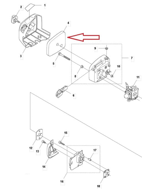 Filtr powietrza do nożyc Husqvarna 122HD60, widoczny od przodu, w białym kolorze. Wyróżniający się okrągły kształt z wyraźnie zaznaczonym mocowaniem. Element zamontowany na podstawie, idealny do użycia w narzędziach ogrodniczych.