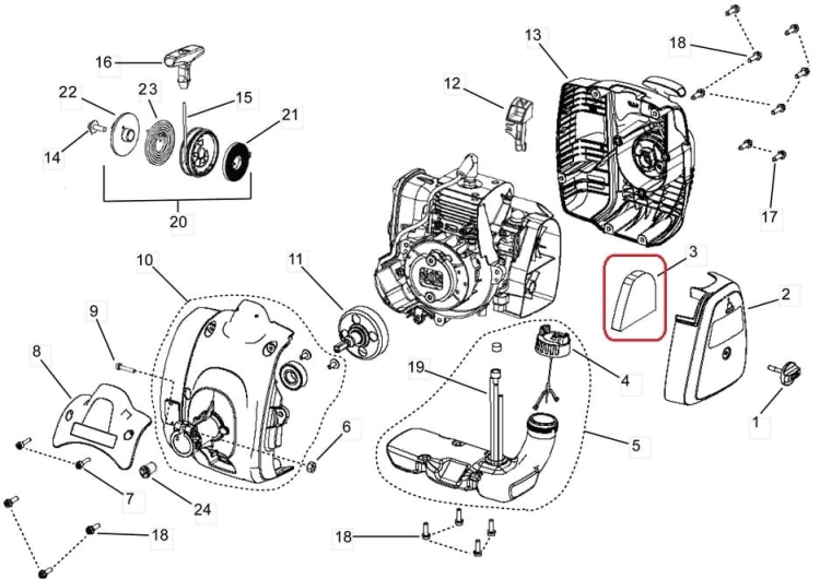 Filtr powietrza do wykaszarek Husqvarna 122R/129R oraz podkaszarek 122C/129C, w kolorze czarnym, o charakterystycznym, opływowym kształcie. Element montażowy, przedstawiony w zbliżeniu, ukazuje detale konstrukcyjne. Tło proste, białe.