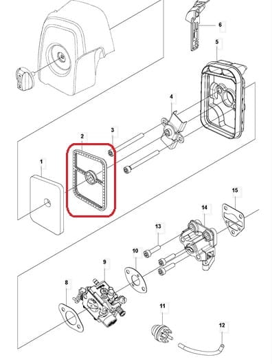 Filtr powietrza do wykaszarki Husqvarna 525RX/RXT, prostokątny, siateczkowy z centralnym otworem, umieszczony płasko w schemacie, z widocznymi mocowaniami do jednostki napędowej.
