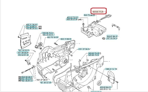 Dźwignia ssania do pilarki Husqvarna 362XP/362/371XP, prostokątna, z ciemnego plastiku, nr kat. 503 68 770-01, montowana na obudowie silnika w zestawie z innymi częściami.