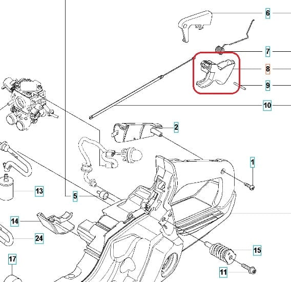 Dźwignia gazu do pilarki Husqvarna 550XP/560XP w kolorze czarnym, z ergonomicznym kształtem, umieszczona na schemacie w pozycji bocznej. Widoczne elementy mocujące i outlet, zaprojektowana do precyzyjnej obsługi narzędzia.