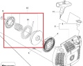 Koło linowe do pilarki Husqvarna 440e i 435e, widoczne w zbliżeniu. Produkt metalowy, okrągły, z centralnym otworem, z wyraźnymi zarysami i detali. Części: sprężyna, linka i pokrywa, montowane na jednym poziomie. Na białym tle.
