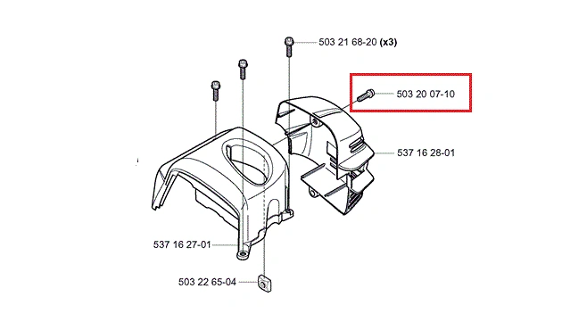 Śruba koła linowego do wykaszarki Husqvarna 250R, metalowa, z gwintem, widoczna w zbliżeniu, pod kątem. Wokół niej schemat części, z numerami identyfikacyjnymi. Tło białe, prosty układ, istotne detale dla montażu.