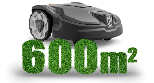 Automower® 305 robot koszący Husqvarna w kolorze szarym, stojący na białym tle. Widoczna przednia część z logo Husqvarna oraz detal pokrętła. Produkt przeznaczony do koszenia trawnika o powierzchni do 600 m².
