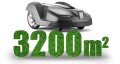 Automower® 430X czarny z logo Husqvarna, nowoczesny, zakrzywiony kształt i koła. W tle napis „3200 m²” wskazuje powierzchnię obsługiwaną przez robot. Zbliżenie na front urządzenia.
