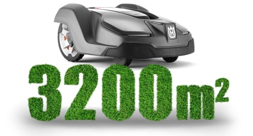 Automower® 430X czarny z logo Husqvarna, nowoczesny, zakrzywiony kształt i koła. W tle napis „3200 m²” wskazuje powierzchnię obsługiwaną przez robot. Zbliżenie na front urządzenia.