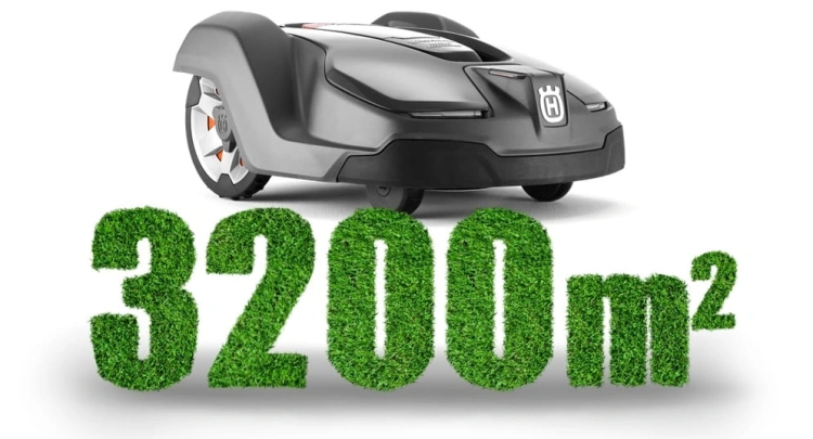 Automower® 430X czarny z logo Husqvarna, nowoczesny, zakrzywiony kształt i koła. W tle napis „3200 m²” wskazuje powierzchnię obsługiwaną przez robot. Zbliżenie na front urządzenia.
