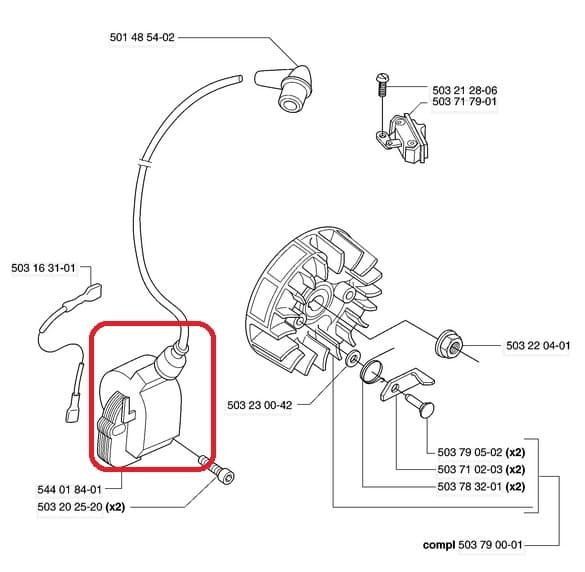 Cewka modułu zapłonowego do pilarek Husqvarna 254, 257XP, 262XP, 55, 51, z czarną obudową, żeberkowaniem i złączem elektrycznym, widok z boku. Idealna do wymiany.