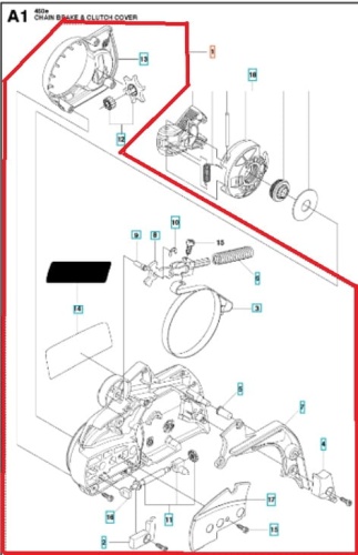 Zespół hamulca/pokrywa sprzęgła do pilarki Husqvarna 450e/445e przedstawia rysunek techniczny. Widoczne są detale konstrukcji, w tym elementy montażowe oraz oznaczenia. Układ widoczny z boku, na tle białego, prostego tła.