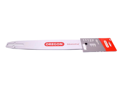 Prowadnica Oregon AdvanceCut o długości 15, grubości 1,5 mm i 64 zęby, widoczna z boku, na szarym tle. Produkt wykonany z metalu, z logo Oregon w kolorze czerwonym oraz szczegółami technicznymi na etykiecie. Opakowanie z instrukcją zamocowania.
