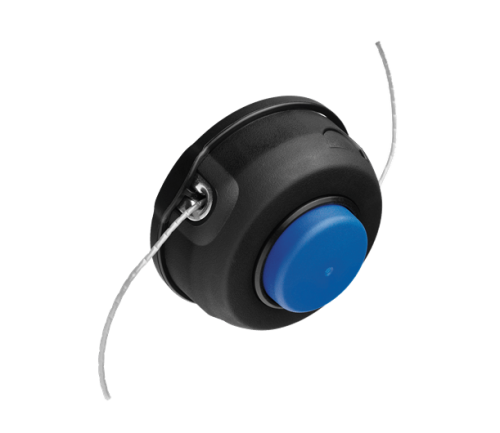 Głowica żyłkowa T25B Husqvarna z gwintem 8 mm, czarna obudowa z niebieskim przyciskiem w centralnej części. Ujęcie w zbliżeniu, z widocznymi żyłkami po bokach. Produkt podkreślający funkcjonalność narzędzi ogrodowych.