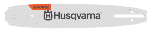 Prowadnica o długości 12, szerokości 3/8, grubości 1.1 mm, z 45 otworami montażowymi. Wykonana z metalu, w kolorze srebrnym z pomarańczowym logo Husqvarna i oznaczeniem X-FORCE. Widok frontalny, z otworami montażowymi na końcu.