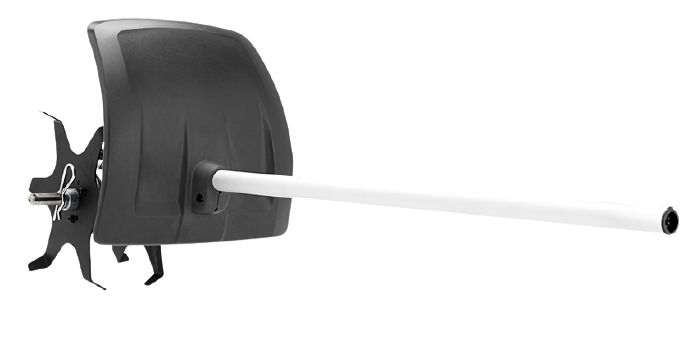 Kultywator CA230 do GC2128C/525LK w kolorze czarnym z białą rurą. Produkt widoczny z boku, przedstawiający głowicę z metalowym mocowaniem i prostą, długą rurą. Materiał tworzywa sztucznego, zastosowanie ogrodowe.