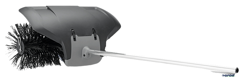 Przystawka BR600 to szczotka do czyszczenia, z okrągłą, czarną szczotką z włosiem i długim, metalowym uchwytem. Ujęcie z boku ukazuje detale konstrukcyjne oraz system mocowania. Mebel na białym tle dla lepszej widoczności.