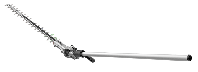 Nożyce do żywopłotu HA860, metalowa ostrza o długości 60 cm, teleskopowa rączka z antypoślizgowym uchwytem, z profilu z boku, na jednolitym tle. Narzędzie o ergonomicznym kształcie, przeznaczone do precyzyjnego przycinania.