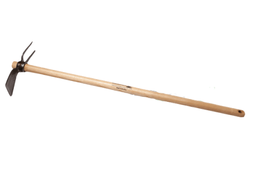 Motyczka ogrodowa 2-stronna kant 80 cm Krumpholz z ażurowym metalowym grotem i drewnianym uchwytem. Produkt leży na białym tle, widoczny jest detal końcówki narzędzia. Szeroki, spiczasty kształt zapewnia precyzyjne użycie w ogrodzie.