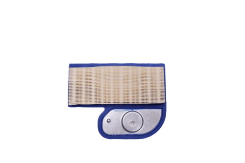 Filtr powietrza Kawasaki 18HP w kształcie prostokąta, z białą siateczką filtra i niebieską obudową. Ujęcie frontalne, ukazuje detal montażowy z metalowym krążkiem. Tło białe, co podkreśla produkt.