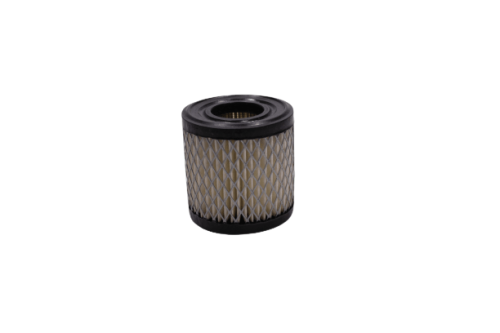 Filtr powietrza B&S wstępny 2-5 HP w okrągłej obudowie, z czarnym plastikiem u góry i dolnej części. Widoczna siatka z materiału filtracyjnego w kolorze beżowym, z rombowym wzorem. Produkt leżący, na jednolitym tle.