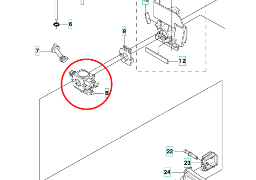 Gaźnik Husqvarna do kosy 345RX z prostokątną obudową, dwoma otworami przyłączeniowymi i okrągłym dzióbem, z oznaczeniami numerów i schematycznymi liniami łączy. Neutralne tło, bez dodatkowych elementów.