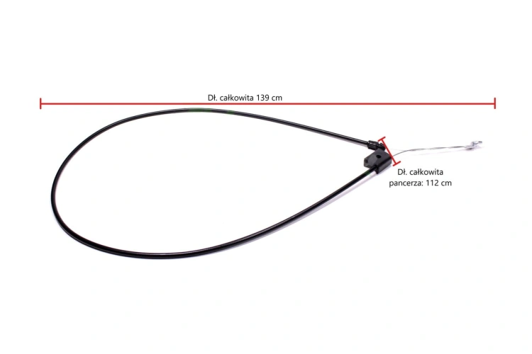 Linka hamulca kosiarki pchanej LC348V Husqvarna, czarna, o długości całkowitej 139 cm i długości pancerza 112 cm. Produkt ukazany z boku, z bliska, z widocznym solidnym mocowaniem. Proste białe tło podkreśla detale oraz funkcjonalność linki.