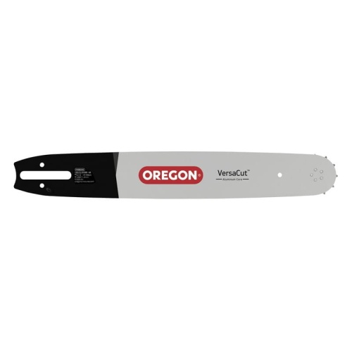 Prowadnica Oregon VersaCut 16”, szaro-srebrna, metaliczna, z czarnym logo przy otworze. Ujęcie frontalne, leży na płasko. Długość 16”, grubość 3/8”, jednoczęściowa.