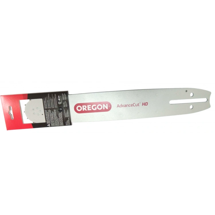 Metalowa prowadnica Oregon AdvanceCut 18x3/8, z logo OREGON i oznaczeniem AdvanceCut HD, leży na jasnym tle z widocznymi otworami montażowymi i metaliczną teksturą.