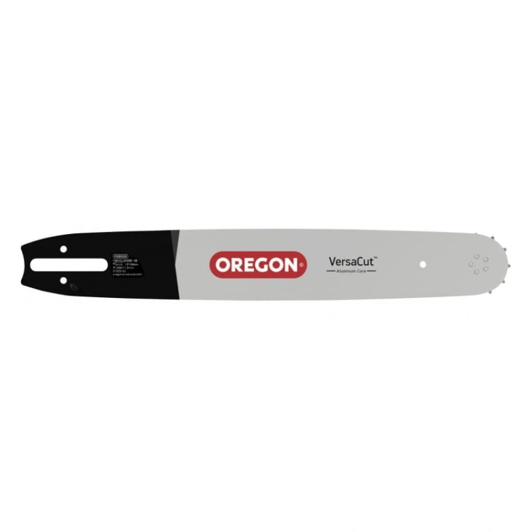 Prowadnica Oregon VersaCut o długości 18 cali, grubości 3/8 cala i 1,5 mm, wykonana z aluminium, z widocznym logo Oregon. Ujęcie frontalne, z wyraźnym napisem VersaCut. Gładka powierzchnia, brak dodatkowych zdobień.