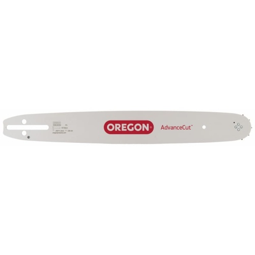 Prowadnica 16 AdvanceCut Oregon w kolorze białym z czerwonym logo. Produkt leży płasko, widok z boku. Zawiera dwa otwory montażowe oraz łańcuch na końcu. Przeznaczona do pił łańcuchowych o długości 16 cali.