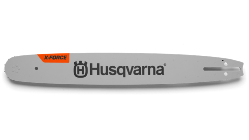 Prowadnica Husqvarna 16, 0.325, 1.3 mm, 66 DL, szara z logo i oznaczeniem X-FORCE, z precyzyjną przegrodą montażową, leżąca na białym tle.