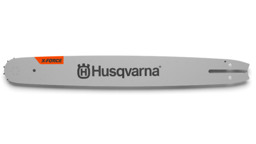 Prowadnica do piły Husqvarna w kolorze szarym, długość 18, szerokość 3/8, grubość 1,5 mm, 68 ogniw. Logo Husqvarna oraz oznaczenie X-FORCE widoczne na bocznej krawędzi. Produkt leżący płasko na jasnym tle, bez dodatków czy akcesoriów.