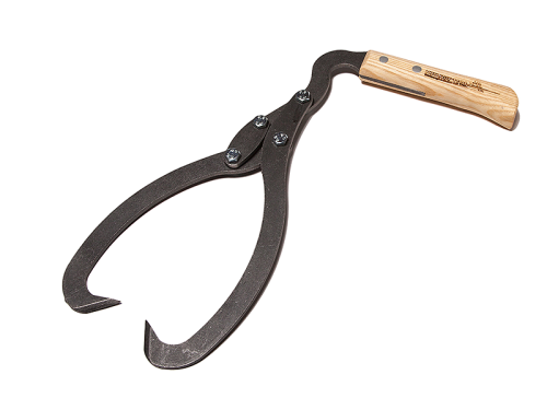 Chwytak kute Krumpholz z jasnym, drewnianym uchwytem i czarnymi, metalowymi ramionami o charakterystycznym kształcie. Ujęcie frontalne, produkt leży na białym tle. Solidna konstrukcja z widocznymi śrubami mocującymi dla stabilności.