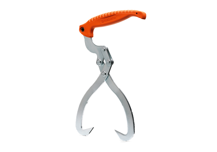 Chwytak ze stali Husqvarna z ergonomiczną, pomarańczową rączką i metalowymi szczękami w kształcie półokrągłym. Ujęcie frontalne, produkt stoi w pozycji pionowej. Idealny do montażu i demontażu elementów, zapewnia pewny chwyt.