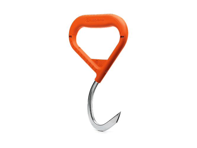 Hak dźwigowy HUSQVARNA w intensywnym pomarańczowym kolorze z plastikową rączką w kształcie serca oraz metalowym, zaokrąglonym końcem. Produkt ukazany frontalnie, z wyraźnym logo. Idealny do przenoszenia ciężarów w ogrodnictwie.