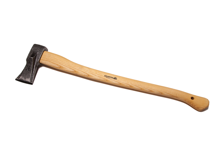 Siekiera klinowa 1,1 kg Krumpholz z drewnianym trzonkiem, widoczna z boku. Stalowa głowica w ciemnoszarej barwie, wyprofilowana, z logo producenta. Gładki, jasny uchwyt z widocznym słoje, dobrze wyprofilowany dla pewnego chwytu.