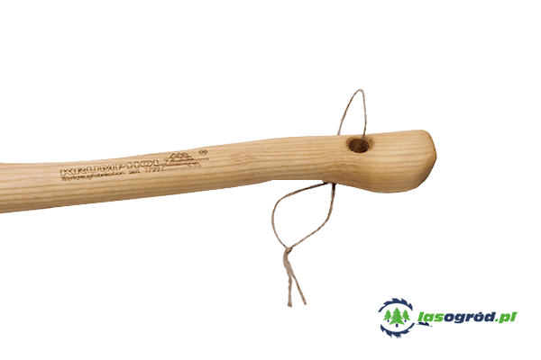 Toporek myśliwski Krumpholz o wadze 0.3kg z jesionowym trzonkiem. Widoczny detal rączki z otworem oraz metalowym przewodem, w kolorze naturalnego drewna. Produkt prezentowany na jednolitym tle, ukazany w zbliżeniu na rączkę i elementy mocujące.