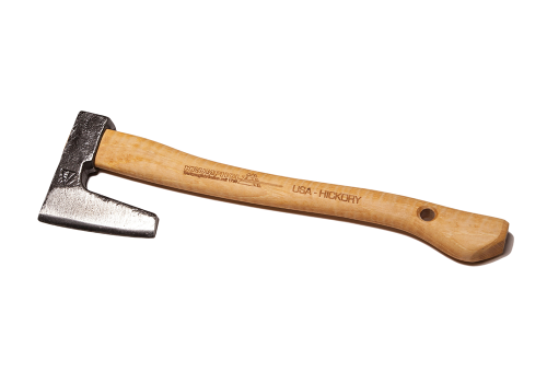 Toporek myśliwski 0.3kg Krumpholz z metalowym ostrzem i drewnianym uchwytem z hikorowego drewna. Produkt leży poziomo na jednolitym tle, z widocznym logo i napisem na rękojeści. Ostrze ma matowe wykończenie, uchwyt jest gładki.