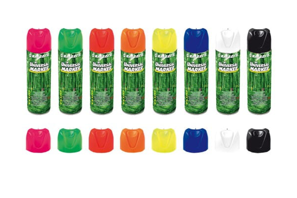 Fluorescencyjna farba do znakowania drzew Ampere w ośmiu kolorach: różowym, zielonym, pomarańczowym, żółtym, niebieskim, czarnym oraz białym. Produkt zaprezentowany w pionowej pozycji na jednolitym tle, z wyraźnymi napisami i logo na opakowaniu.