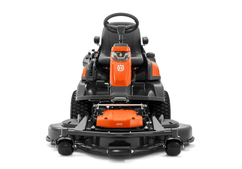 Rider R 420TsX AWD Husqvarna w kolorze pomarańczowym i czarnym, widok frontalny. Złożona konstrukcja, widoczne duże koła oraz kierownica. Z przodu widoczne oznaczenie AWD na obudowie silnika. Proste tło, podkreślające szczegóły produktu.