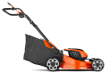 Pomarańczowa kosiarka akumulatorowa Husqvarna LC142i z dużymi kołami i ergonomicznym uchwytem. Widoczny pojemnik na trawę z siatką. Nowa, bez akumulatora i ładowarki.