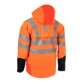 Kurtka przeciwdeszczowa Vent High-Viz w intensywnym pomarańczowym kolorze, z elementami odblaskowymi. Ujęcie z tyłu, z kapturem, prezentujące czarne mankiety i logo Husqvarna. Produkt rozłożony, ukazujący szczegóły konstrukcji.