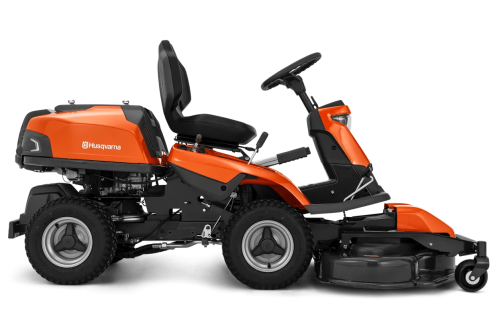 Rider R 320X AWD Husqvarna w kolorze pomarańczowym, z ergonomicznym siedzeniem i czarnymi detalami. Ujęcie z boku, widoczne koła terenowe oraz podzespoły. Elementy sterujące umieszczone na prawym boku, z metalowym osłoną noża na przodzie.