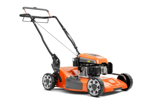Kosiarka spalinowa LB 256SP Husqvarna w kolorze pomarańczowym z szarymi detalami, widoczna z boku, w pozycji stojącej. Widać silnik, rączkę do prowadzenia oraz duże koła. Na obudowie znajdują się oznaczenia i logo Husqvarna.