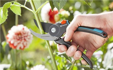 Sekator ogrodowy Gardena Comfort B/M, ciemnoszary z niebieskimi i pomarańczowymi detalami, stalowe ostrza przycinają gałązki. Tło to kolorowe kwiaty i zielone liście w ogrodowej aranżacji.
